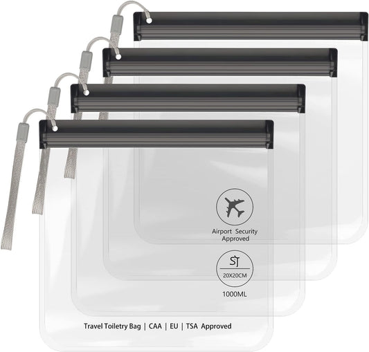 4Pcs Clear TSA Approved Security Toiletry Bag Quart Size for EU UK & US Carry-On Regulations Waterproof & Leakproof Travel Bags for Liquids